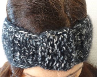 black and grey angora knitted headband