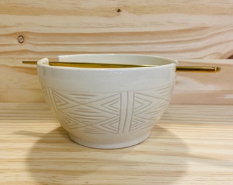 Hand Carved Noodle Bowls with 1 Pair of Gold Chopsticks