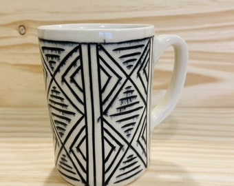 White Mug with Black Carved Pattern