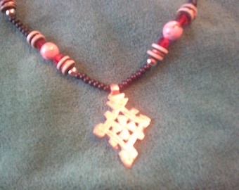 Silver Ethiopian Cross Necklace w/ Pink Turquoise