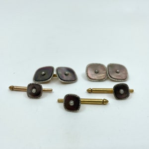 boutons de manchette vintage - 1950s SWANK Abalone & Pearl Iridescent Art Deco Cufflinks Stud Set