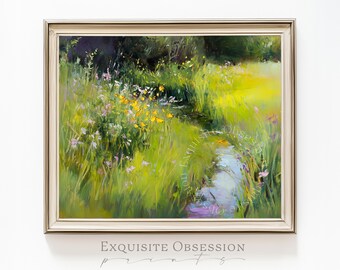 Stampa di un ruscello in un prato estivo, paesaggio pastorale in stile cottagecore (download digitale)