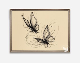 Stampa artistica vintage con schizzo di farfalla – Illustrazione botanica minimalista (download digitale)