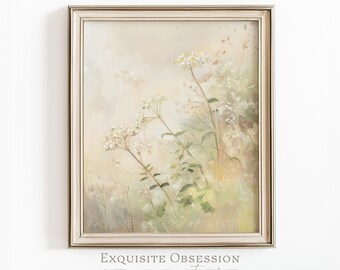 Stampa artistica di delicati fiori selvatici, dipinto vintage in stile cottagecore, fioriture neutre dai colori pastello (download digitale)