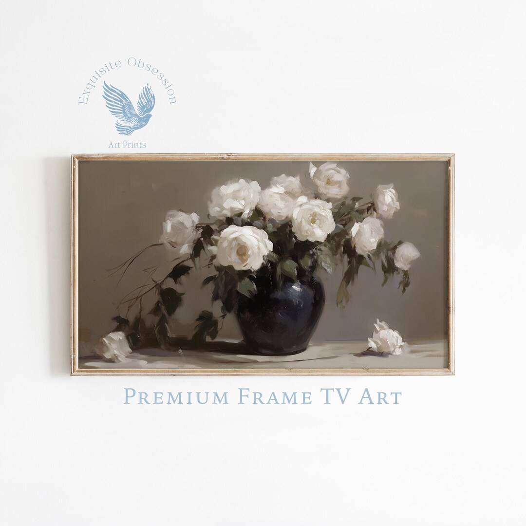 Vintage White Roses Still Life Oil Painting for Frame TV (digital ...