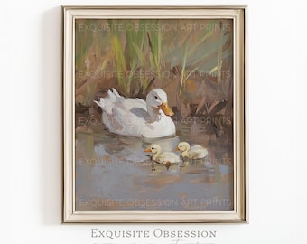 Stampa Cottagecore Famiglia di Anatre – Scena impressionista con stagno, arte rustica e accogliente (Download digitale)