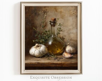 Stampa vintage di natura morta con aglio e olio d'oliva – Decorazione rustica per la cucina in stile fattoria (download digitale)