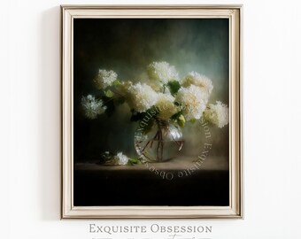 Natura morta con ortensie bianche e malinconiche – Arte floreale romantica in stile cottagecore (Download digitale)