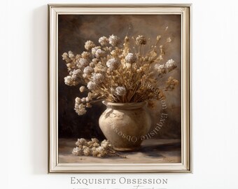 Natura morta floreale suggestiva, vaso rustico con fiori secchi, arte classica vintage (download digitale)