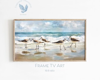 Quadro con cornice TV raffigurante piovanelli marini in riva al mare, paesaggio costiero e spiaggiato (download digitale)