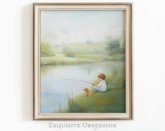 Dipinto di un ragazzo che pesca – Scena rurale rustica con fiume, ragazzo e il suo cane (Download digitale)