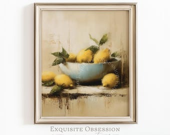 Stampa di natura morta rustica con limone – Arte da cucina in stile fattoria d'epoca (download digitale)