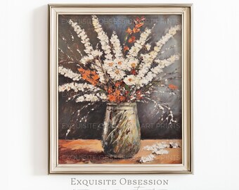 Stampa di bouquet di fiori selvatici in stile cottagecore, vaso vintage, decorazione rustica neutra (download digitale)