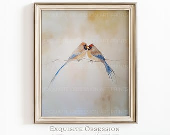 Quadro romantico con cardinali – Arte ornitologica in stile vintage, decorazione murale dai toni neutri e delicati (download digitale)