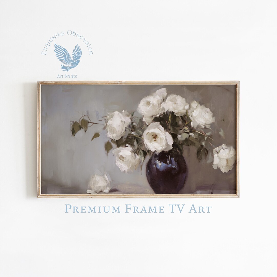 Vintage White Roses Still Life Frame TV Art, Moody Floral Farmhouse Art ...