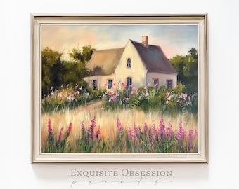 Paesaggio in stile cottage inglese – Prato estivo, fiori selvatici, scena pastorale (download digitale)