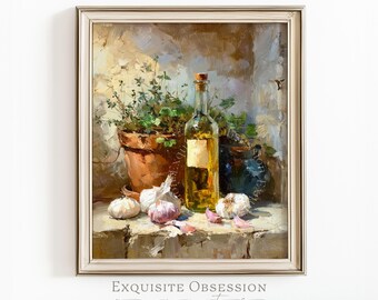Stampa artistica rustica con bottiglia d'olio, aglio ed erbe aromatiche – Arredamento accogliente in stile rustico (Download digitale)