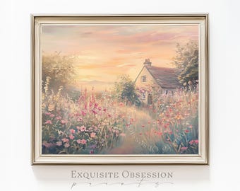 Stampa artistica Cottagecore Meadow – Romantico paesaggio estivo di campagna in stile vintage (download digitale)