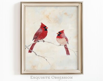 Stampa artistica di una coppia di cardinali rustici – Quadro in stile cottagecore, decorazione murale in stile rustico (download digitale)