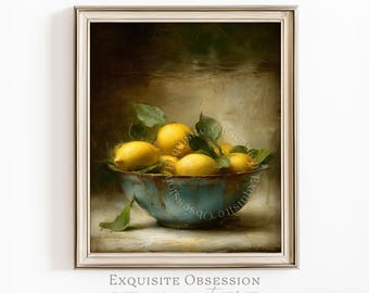 Natura morta vintage con limoni, stampabile – Arte rustica per la cucina in stile fattoria (download digitale)