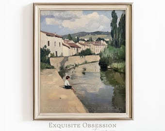 Dipinto vintage di un ragazzo che pesca sulla riva di un fiume – Paesaggio pastorale in stile cottagecore (Download digitale)