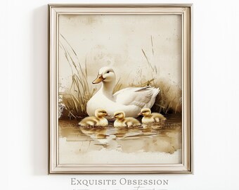 Anatra madre con anatroccoli, dipinto ad acquerello - Scena pastorale vintage con stagno (download digitale)