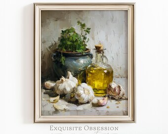 Stampa artistica "Aglio e olio d'oliva in stile rustico" – Decorazione per cucina in stile fattoria (Download digitale)