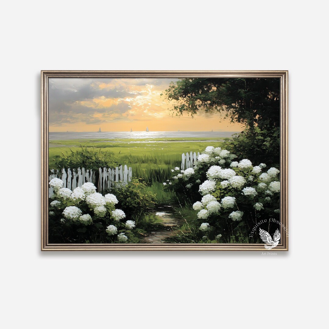 Hydrangea Garden Path Sunset Landscape Art – Cottagecore Pastel Wall ...