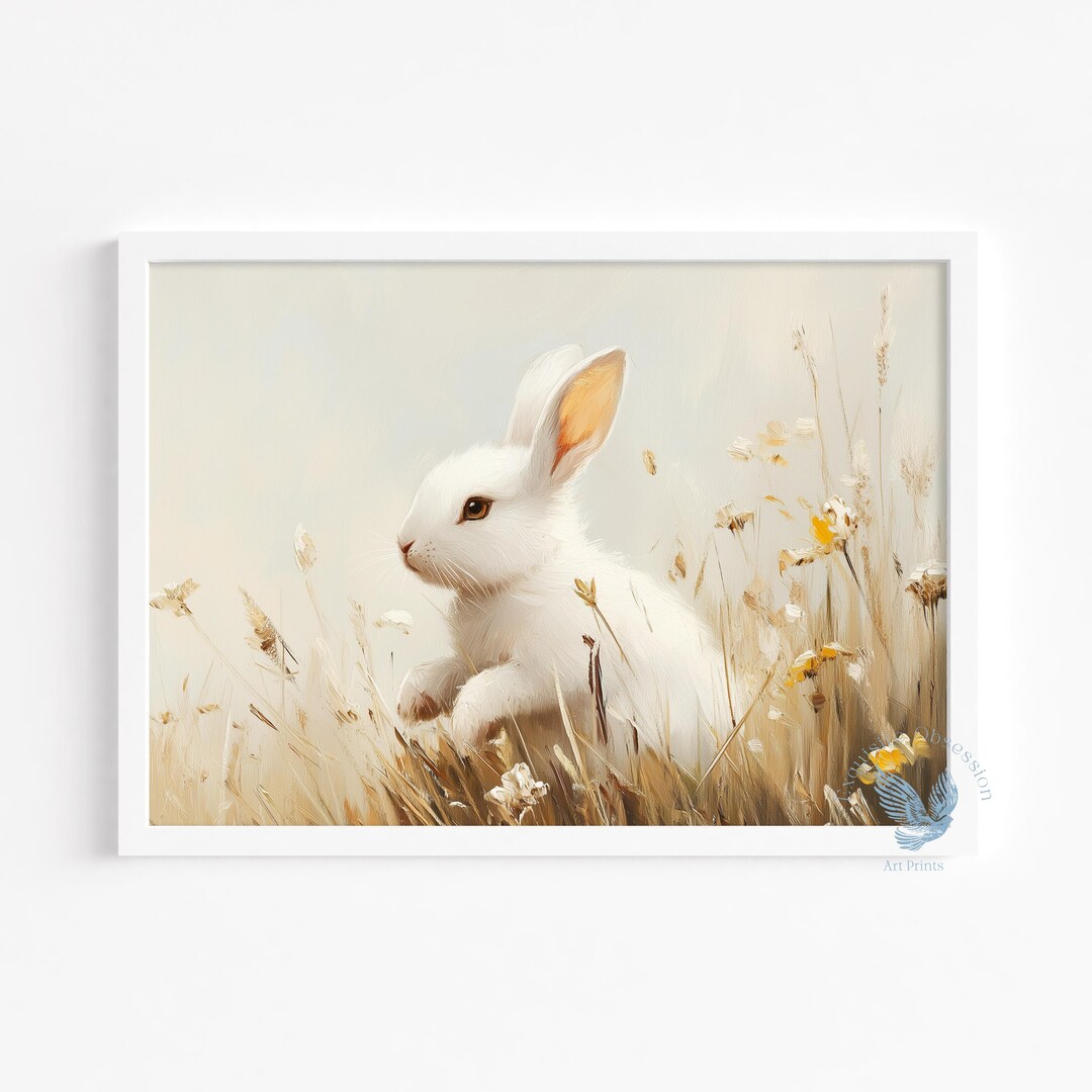 Rustic Spring Bunny in Meadow Illustration - Cottagecore Rabbit Art ...