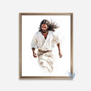Puede incluir: Una impresión enmarcada que presenta una representación al estilo acuarela de una figura con túnicas blancas fluidas, con cabello largo y oscuro y barba. La obra de arte tiene una calidad suave y etérea, con un fondo claro y un marco dorado.