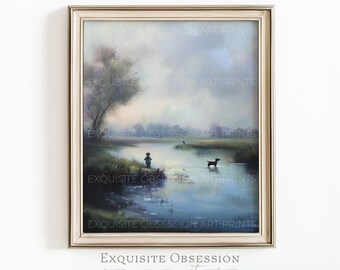 Stampa artistica "Ragazzo e cane sul fiume" - Scena di pesca bucolica e malinconica (download digitale)