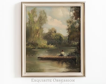 Stampa artistica vintage con scena di pesca – Paesaggio fluviale sereno, decorazione murale in stile cottagecore (download digitale)