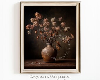 Natura morta floreale suggestiva da stampare – Vaso rustico, fiori secchi, decorazione murale dai toni terrosi (Download digitale)