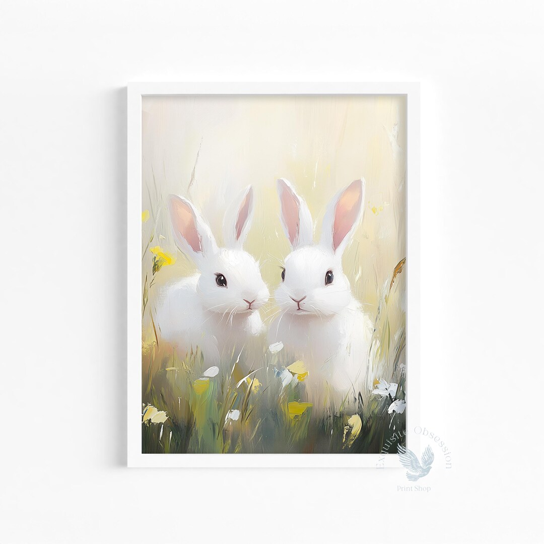 Spring Printable Cottagecore Bunny Art - Cute White Rabbits in Meadow ...