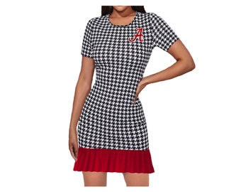 Houndstooth Dress with Crimson Skirting Detail