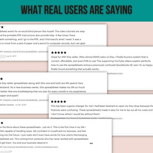 May include: Five customer reviews for an Etsy shop spreadsheet. Each review is a five-star rating with a short description of the product and the date purchased. The text "WHAT REAL USERS ARE SAYING" is at the top of the image.