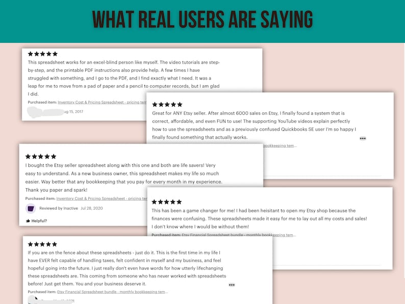 May include: Five customer reviews for an Etsy shop spreadsheet. Each review is a five-star rating with a short description of the product and the date purchased. The text "WHAT REAL USERS ARE SAYING" is at the top of the image.