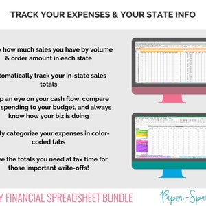 Peut inclure: Une tirelire rose avec des pi&egrave;ces de monnaie sur le dessus, un &eacute;cran d'ordinateur affichant une feuille de calcul et le texte "TRACK YOUR EXPENSES & YOUR STATE INFO". Le texte sous l'image d&eacute;crit les avantages de l'utilisation d'une feuille de calcul pour suivre les d&eacute;penses et les ventes de l'entreprise par &eacute;tat.
