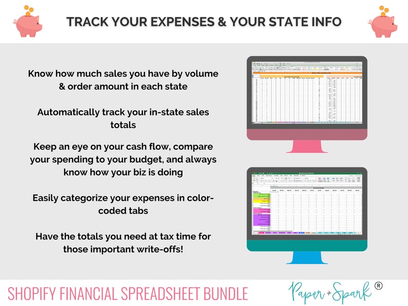 Peut inclure: Une tirelire rose avec des pi&egrave;ces de monnaie sur le dessus, un &eacute;cran d'ordinateur affichant une feuille de calcul et le texte "TRACK YOUR EXPENSES & YOUR STATE INFO". Le texte sous l'image d&eacute;crit les avantages de l'utilisation d'une feuille de calcul pour suivre les d&eacute;penses et les ventes de l'entreprise par &eacute;tat.