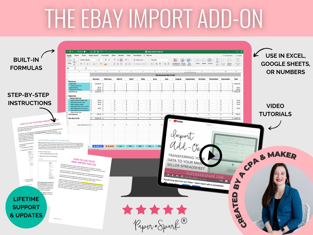 Ebay Import Add on Bookkeeping Spreadsheet for Ebay Sellers Accounting