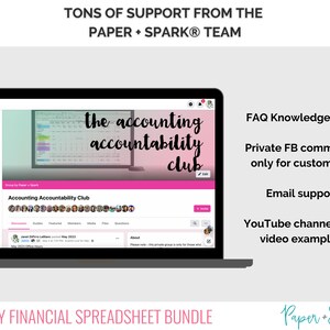 Peut inclure: Un &eacute;cran d'ordinateur portable affichant un site Web rose et blanc avec le texte "the accounting accountability club" et une capture d'&eacute;cran d'une feuille de calcul. Le site Web est pour un bundle de feuilles de calcul financi&egrave;res Shopify. Le texte "TONS OF SUPPORT FROM THE PAPER + SPARK&reg; TEAM" est en haut de l'image. Le texte "SHOPIFY FINANCIAL SPREADSHEET BUNDLE" est en bas de l'image. Le texte "Paper + Spark&reg;" est dans le coin inf&eacute;rieur droit de l'image.