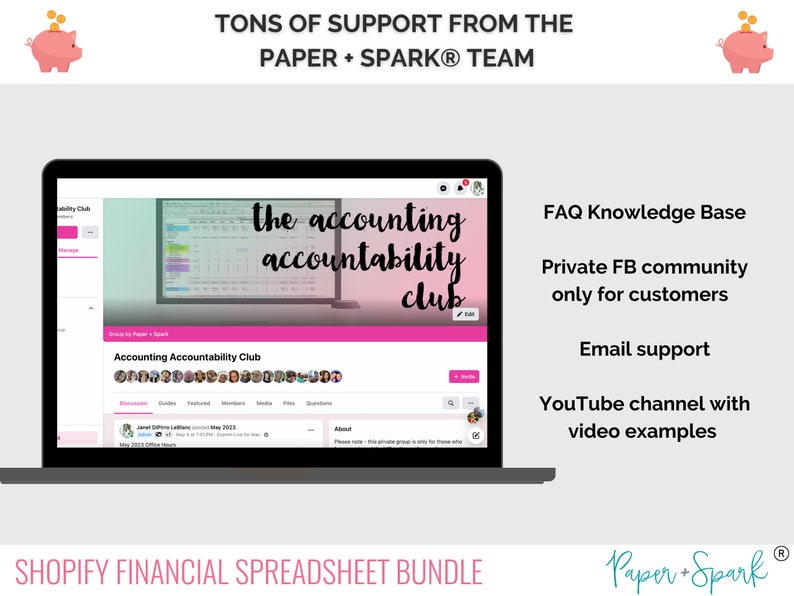 Peut inclure: Un &eacute;cran d'ordinateur portable affichant un site Web rose et blanc avec le texte "the accounting accountability club" et une capture d'&eacute;cran d'une feuille de calcul. Le site Web est pour un bundle de feuilles de calcul financi&egrave;res Shopify. Le texte "TONS OF SUPPORT FROM THE PAPER + SPARK&reg; TEAM" est en haut de l'image. Le texte "SHOPIFY FINANCIAL SPREADSHEET BUNDLE" est en bas de l'image. Le texte "Paper + Spark&reg;" est dans le coin inf&eacute;rieur droit de l'image.