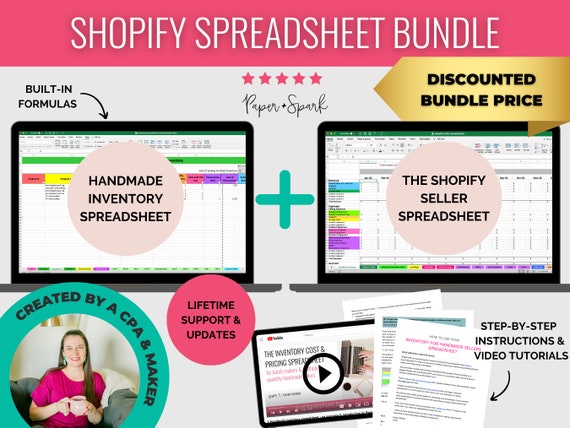 Shopify Seller Financial Spreadsheet bundle - monthly bookkeeping template, pricing & inventory spreadsheet for Shopify sellers
