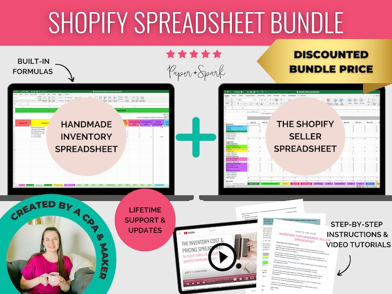 Peut inclure: Un &eacute;cran d'ordinateur affichant deux feuilles de calcul, l'une intitul&eacute;e "Handmade Inventory Spreadsheet" et l'autre intitul&eacute;e "The Shopify Seller Spreadsheet". Les feuilles de calcul sont color&eacute;es et comportent des formules int&eacute;gr&eacute;es. L'image comprend &eacute;galement une tablette montrant un tutoriel vid&eacute;o et un document avec des instructions. Le texte "Shopify Spreadsheet Bundle" est en haut de l'image.
