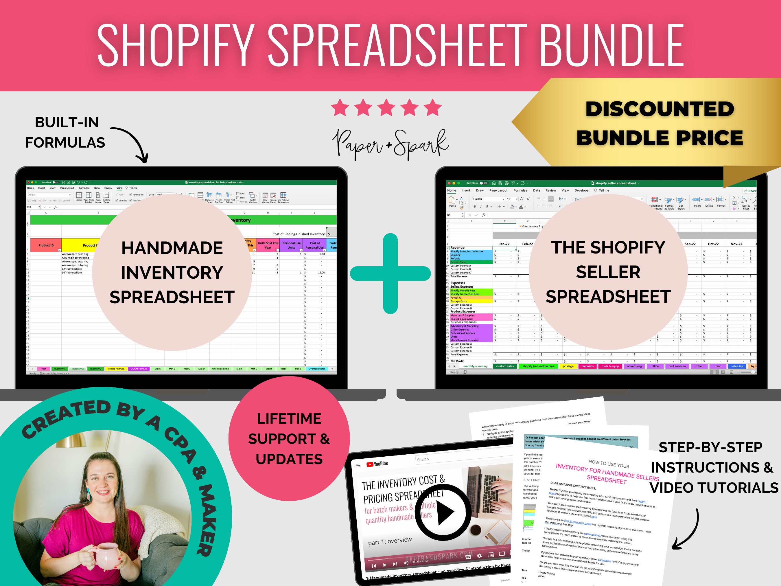 Shopify Seller Financial Spreadsheet Bundle - Monthly Bookkeeping Template, Pricing &amp; Inventory ...