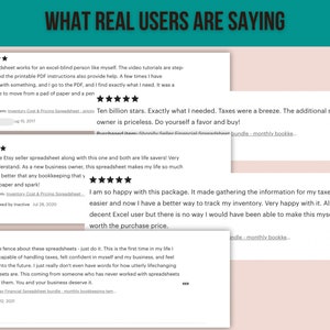 Peut inclure: Captures d'&eacute;cran de cinq &eacute;toiles pour un produit de feuille de calcul. Les commentaires mettent en &eacute;vidence la facilit&eacute; d'utilisation, les tutoriels utiles et la valeur du produit. Le texte comprend des expressions comme "sauveurs de vie", "exactement ce dont j'avais besoin" et "vaut le prix d'achat".