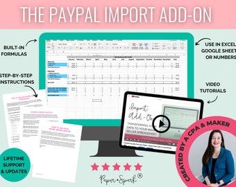 Puede incluir: Una pantalla de computadora que muestra una hoja de cálculo con un fondo verde. La hoja de cálculo se titula "My Business Bank Profit". La pantalla está rodeada de un fondo rosa y turquesa con el texto "The Paypal Import Add-On" en letras blancas grandes. La imagen también incluye una captura de pantalla de un video de YouTube titulado "Import Add-On" y una foto de una mujer con el texto "Created by a CPA & Maker".