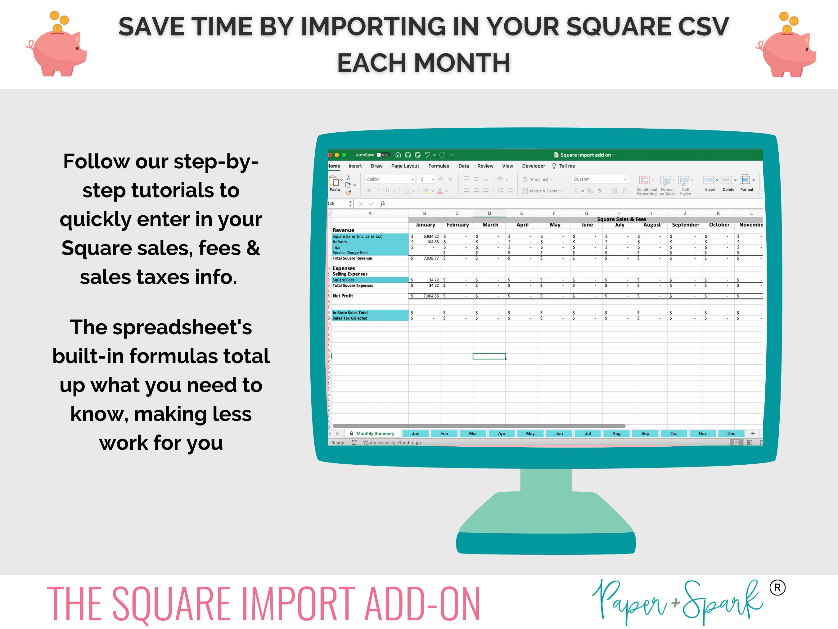 Square Transaction Report Example Excel Square Import Add on - Bookkeeping Template for Square Sellers ...