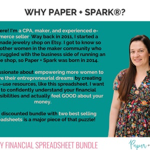 Peut inclure: Une femme avec un large sourire se tient devant un fond turquoise. Le texte "WHY PAPER + SPARK&reg;?" est en haut de l'image. Le texte ci-dessous explique comment la femme a d&eacute;marr&eacute; son entreprise pour aider d'autres femmes avec leurs boutiques en ligne. Le texte mentionne &eacute;galement un pack de feuilles de calcul &agrave; prix r&eacute;duit. Le texte en bas de l'image dit "SHOPIFY FINANCIAL SPREADSHEET BUNDLE" et "Paper+Spark&reg;".