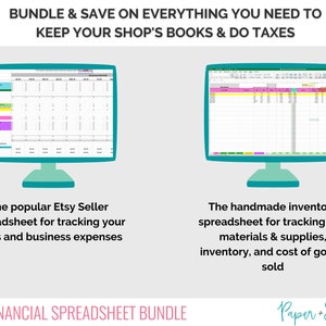 May include: A digital image of two computer screens displaying spreadsheets. The screen on the left shows a spreadsheet for tracking Etsy sales and business expenses. The screen on the right shows a spreadsheet for tracking inventory, materials, and cost of goods sold. The text "ETSY FINANCIAL SPREADSHEET BUNDLE" is at the bottom of the image.